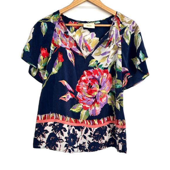 Anthropologie Maeve 100% Silk Navy Blue Floral Sheer Short Sleeve Blouse Sz 0 - Picture 2 of 6
